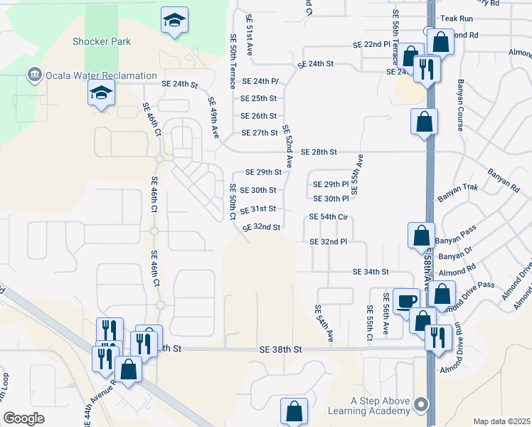 map of restaurants, bars, coffee shops, grocery stores, and more near 5200 Southeast 31st Street in Ocala