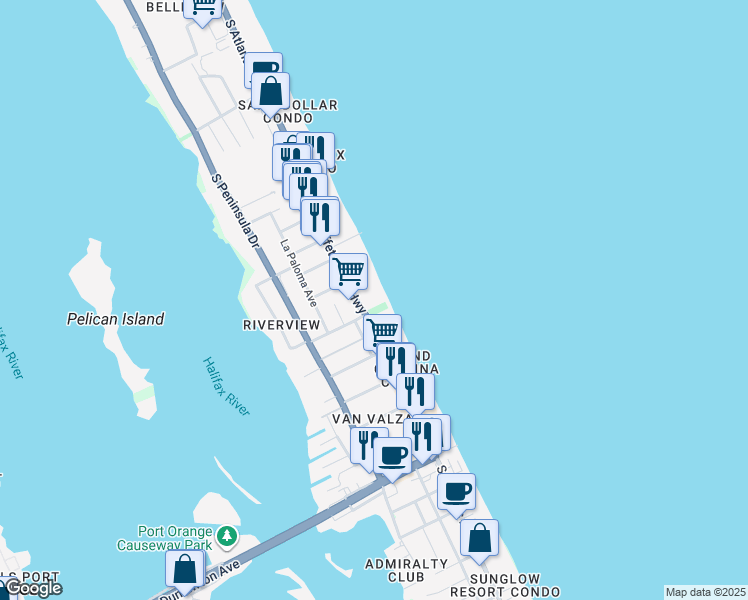 map of restaurants, bars, coffee shops, grocery stores, and more near 3255 South Atlantic Avenue in Daytona Beach