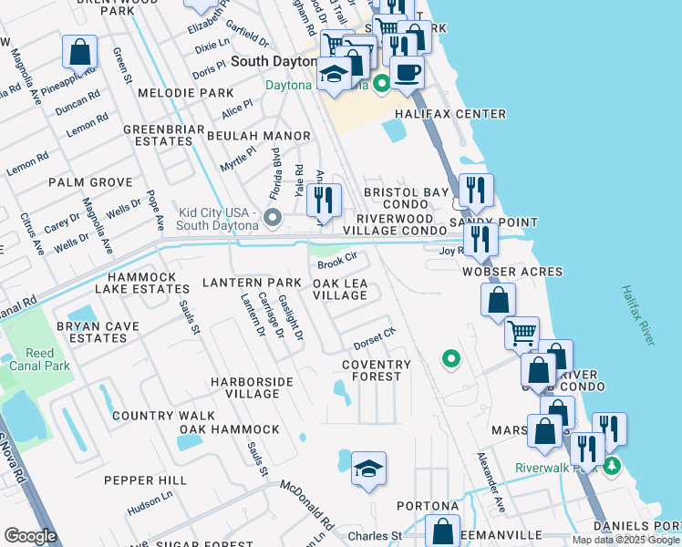 map of restaurants, bars, coffee shops, grocery stores, and more near 584 Brook Cir in South Daytona