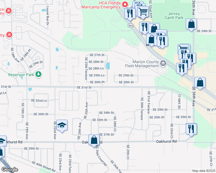 map of restaurants, bars, coffee shops, grocery stores, and more near Southeast 31st Street in Ocala