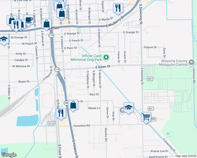 map of restaurants, bars, coffee shops, grocery stores, and more near 740 S Anderson St in Angleton