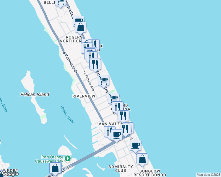 map of restaurants, bars, coffee shops, grocery stores, and more near 3255 South Atlantic Avenue in Daytona Beach