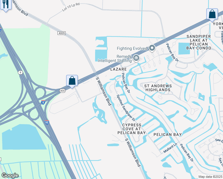 map of restaurants, bars, coffee shops, grocery stores, and more near 152 Kingbird Circle in Daytona Beach