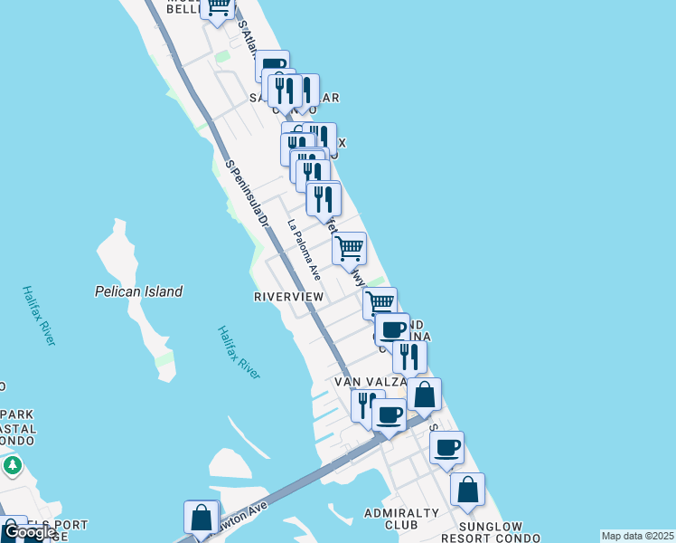 map of restaurants, bars, coffee shops, grocery stores, and more near 130 Glen Myra Avenue in Daytona Beach Shores