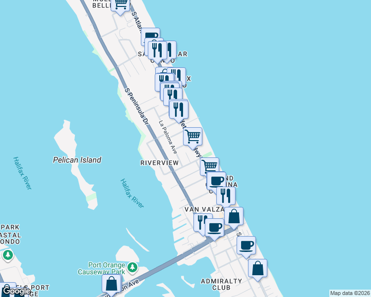 map of restaurants, bars, coffee shops, grocery stores, and more near 3253 Esperanza Avenue in Daytona Beach