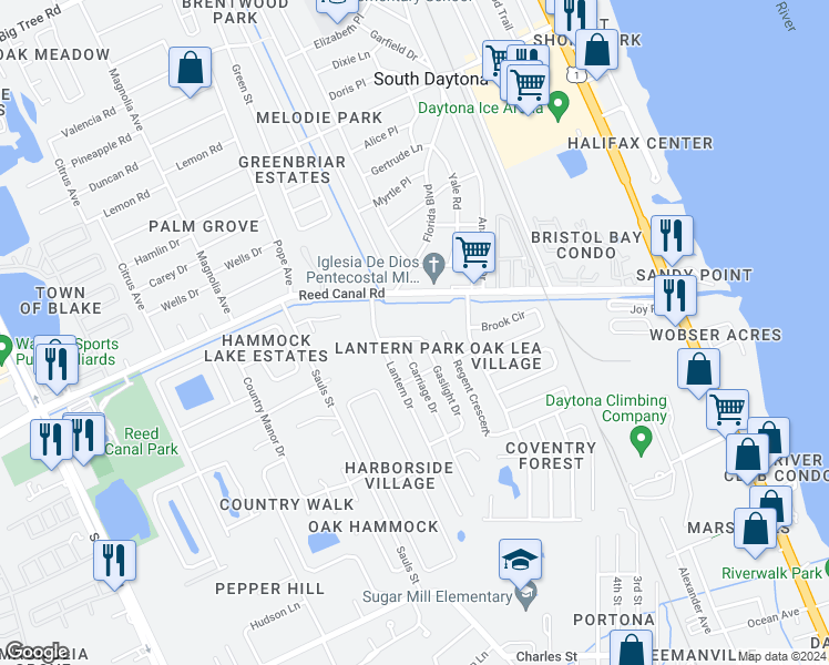 map of restaurants, bars, coffee shops, grocery stores, and more near 688 Gaslight Drive in South Daytona