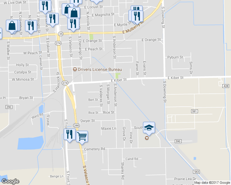 map of restaurants, bars, coffee shops, grocery stores, and more near 801 South Anderson Street in Angleton