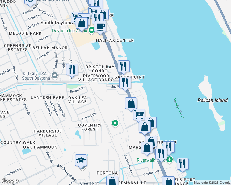 map of restaurants, bars, coffee shops, grocery stores, and more near 2850 South Ridgewood Avenue in South Daytona