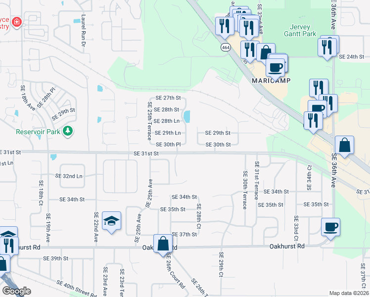 map of restaurants, bars, coffee shops, grocery stores, and more near 2636 Southeast 30th Place in Ocala