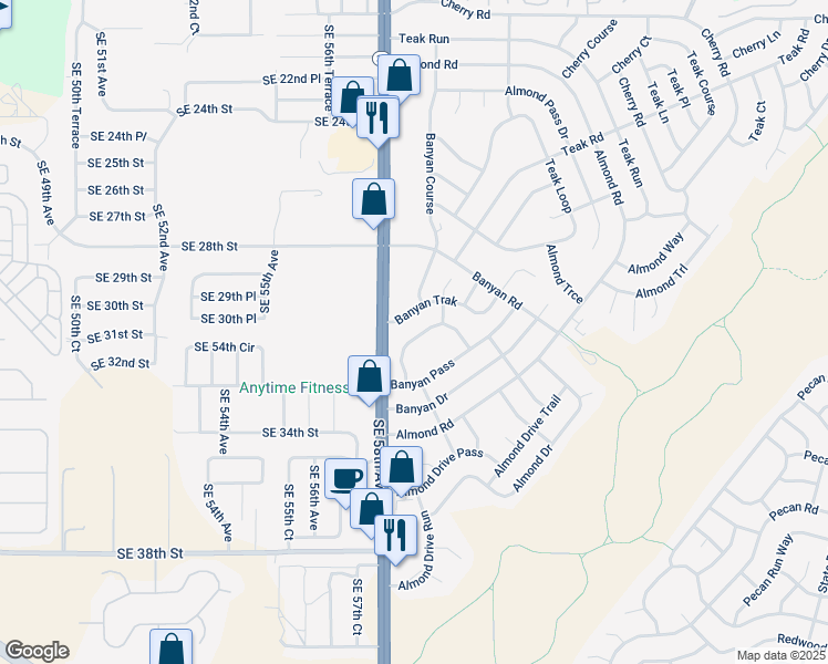 map of restaurants, bars, coffee shops, grocery stores, and more near 17 Banyan Pass Loop in Ocala
