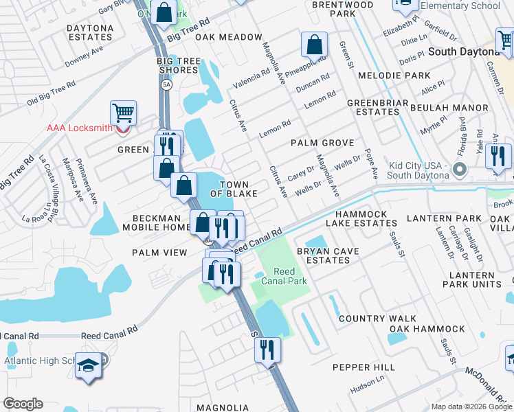 map of restaurants, bars, coffee shops, grocery stores, and more near 168-169 Elm in South Daytona