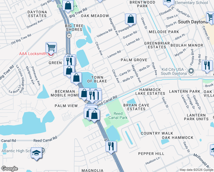 map of restaurants, bars, coffee shops, grocery stores, and more near 168-169 Elm in South Daytona