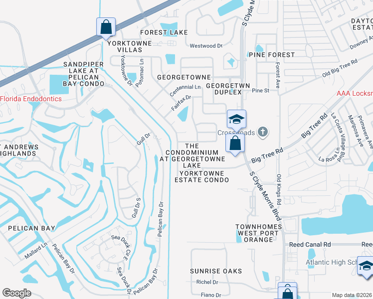map of restaurants, bars, coffee shops, grocery stores, and more near 1600 Big Tree Road in Daytona Beach