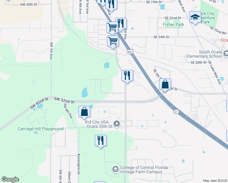 map of restaurants, bars, coffee shops, grocery stores, and more near 11 Southeast 31st Street in Ocala
