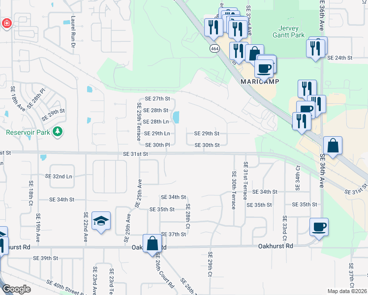 map of restaurants, bars, coffee shops, grocery stores, and more near 2636 Southeast 30th Place in Ocala