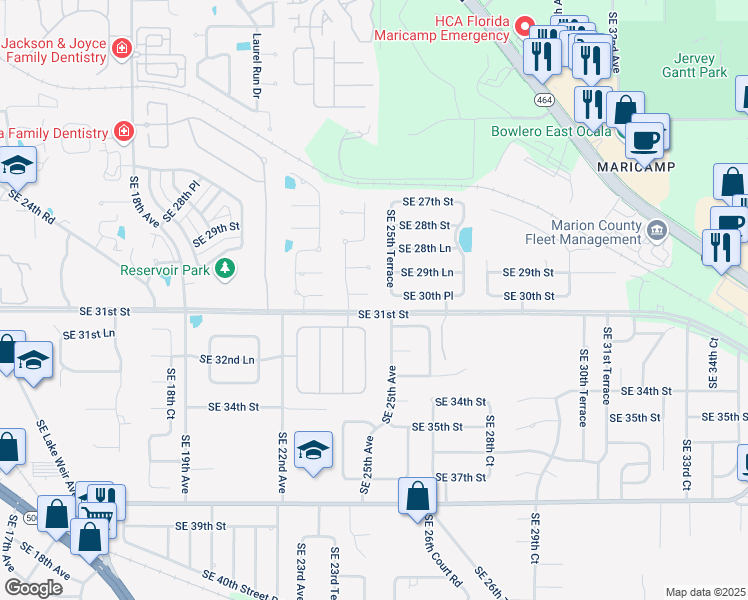 map of restaurants, bars, coffee shops, grocery stores, and more near 2418 Southeast 30th Street in Ocala