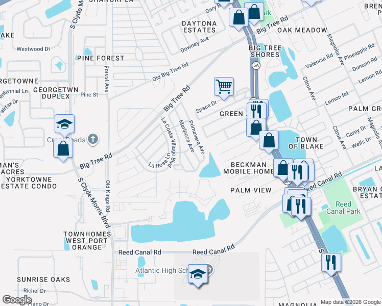 map of restaurants, bars, coffee shops, grocery stores, and more near 2280 La Flor Lane in Port Orange
