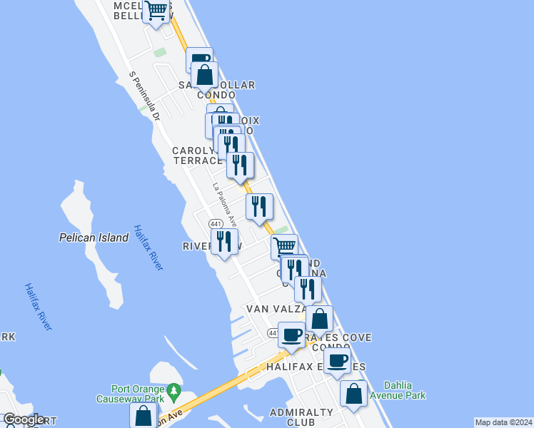 map of restaurants, bars, coffee shops, grocery stores, and more near 3253 Esperanza Avenue in Daytona Beach