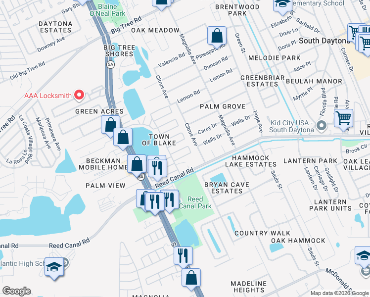 map of restaurants, bars, coffee shops, grocery stores, and more near 210 Daisy in South Daytona