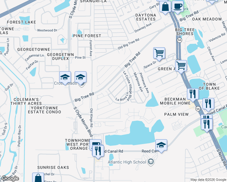 map of restaurants, bars, coffee shops, grocery stores, and more near 1275 La Costa Village Boulevard in Port Orange