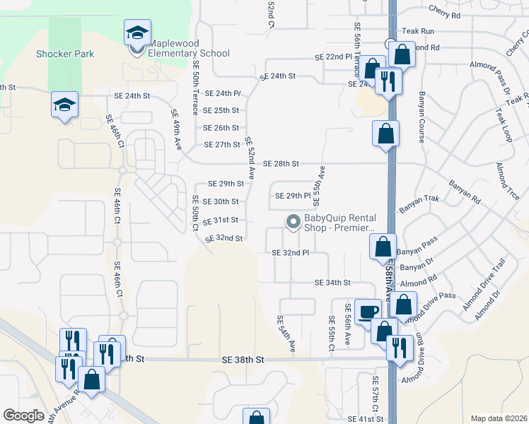map of restaurants, bars, coffee shops, grocery stores, and more near 3197 Southeast 54th Circle in Ocala