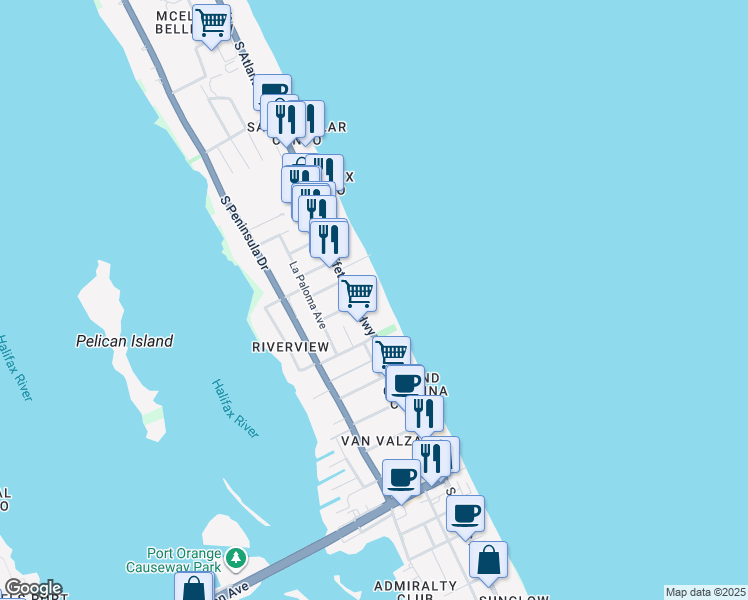 map of restaurants, bars, coffee shops, grocery stores, and more near 3233 S Atlantic Ave in Daytona Beach Shores