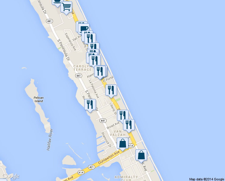 map of restaurants, bars, coffee shops, grocery stores, and more near 3227 South Atlantic Avenue in Daytona Beach Shores