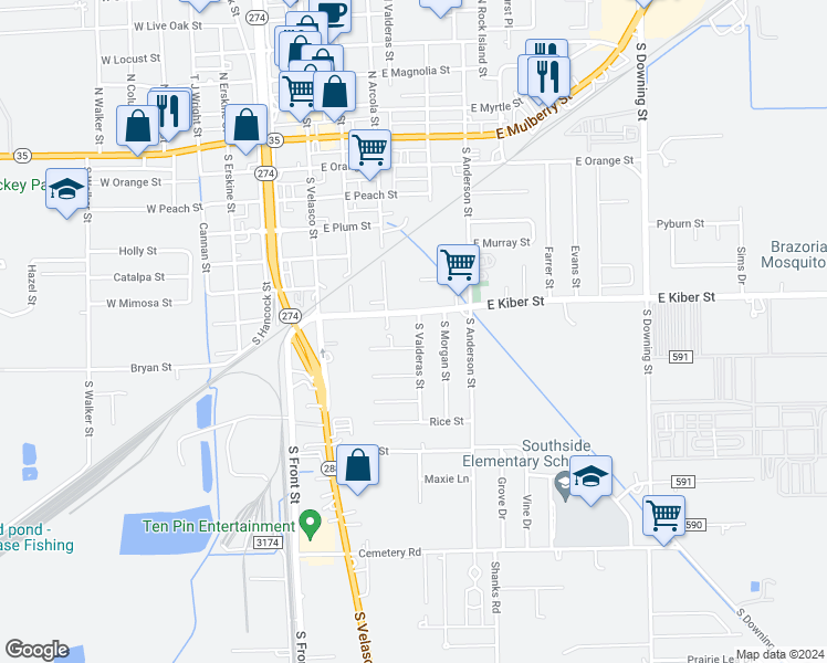 map of restaurants, bars, coffee shops, grocery stores, and more near 720 South Valderas Street in Angleton