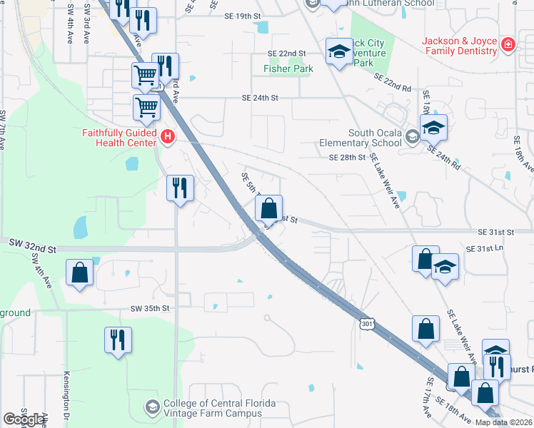 map of restaurants, bars, coffee shops, grocery stores, and more near 3002 Southeast 5th Terrace in Ocala