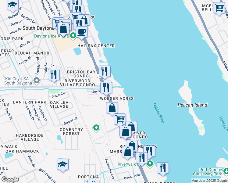 map of restaurants, bars, coffee shops, grocery stores, and more near 211 Sandy Circle in South Daytona