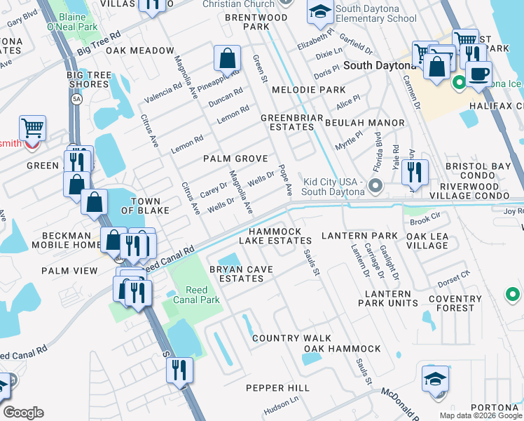 map of restaurants, bars, coffee shops, grocery stores, and more near 826 Reed Canal Road in South Daytona