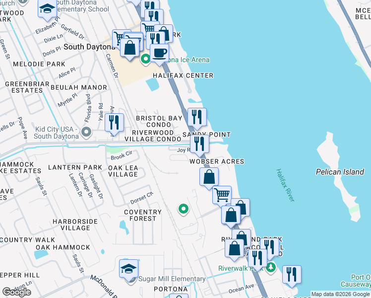 map of restaurants, bars, coffee shops, grocery stores, and more near 1960 South Ridgewood Avenue in South Daytona