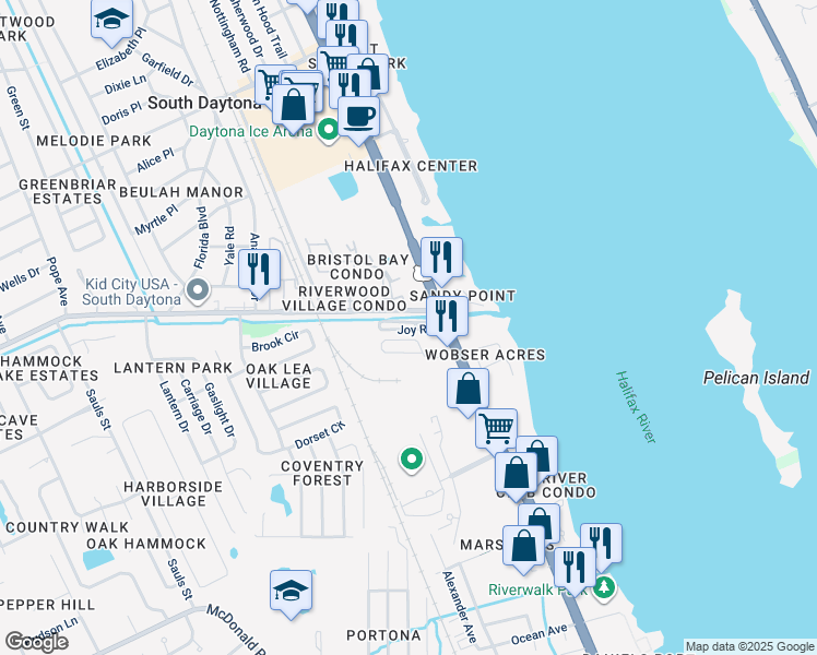 map of restaurants, bars, coffee shops, grocery stores, and more near 625 Reed Canal Road in South Daytona