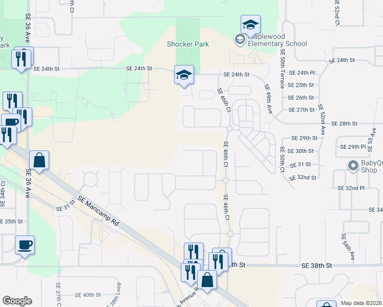 map of restaurants, bars, coffee shops, grocery stores, and more near 4545 Southeast 30th Street in Ocala