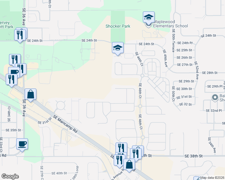 map of restaurants, bars, coffee shops, grocery stores, and more near 4519 Southeast 30th Street in Ocala