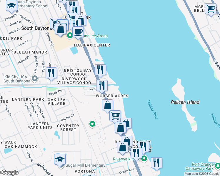 map of restaurants, bars, coffee shops, grocery stores, and more near 211 Sandy Circle in South Daytona