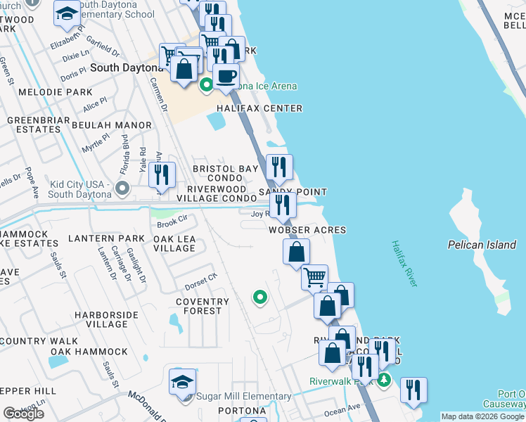 map of restaurants, bars, coffee shops, grocery stores, and more near 1960 South Ridgewood Avenue in South Daytona