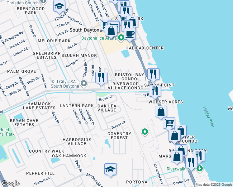 map of restaurants, bars, coffee shops, grocery stores, and more near 546 Brook Circle in South Daytona