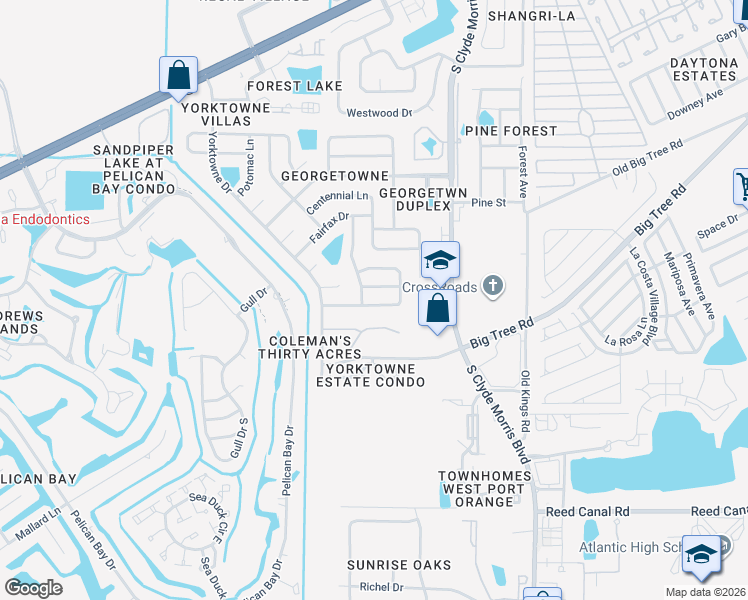 map of restaurants, bars, coffee shops, grocery stores, and more near 215 Quaker Ridge Drive in Daytona Beach