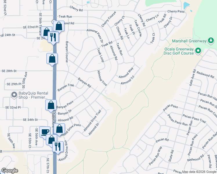 map of restaurants, bars, coffee shops, grocery stores, and more near 117 Almond Road in Ocala