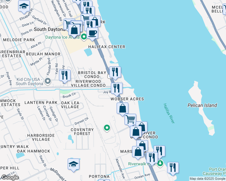 map of restaurants, bars, coffee shops, grocery stores, and more near 1960 South Ridgewood Avenue in South Daytona