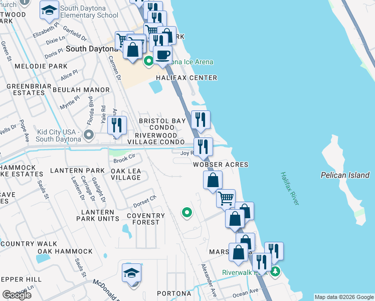 map of restaurants, bars, coffee shops, grocery stores, and more near 625 Reed Canal Road in South Daytona