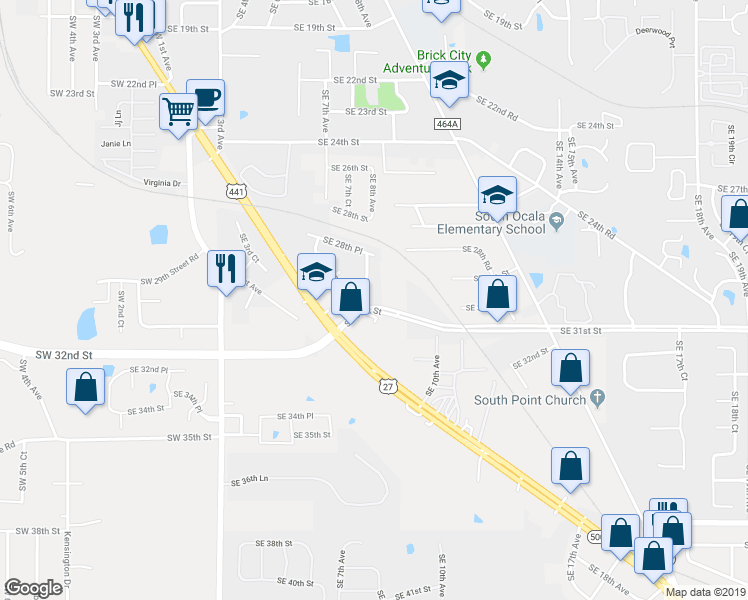 map of restaurants, bars, coffee shops, grocery stores, and more near 3009 Southeast 30th Street in Ocala