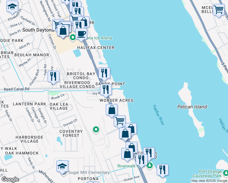 map of restaurants, bars, coffee shops, grocery stores, and more near 2801 South Ridgewood Avenue in South Daytona