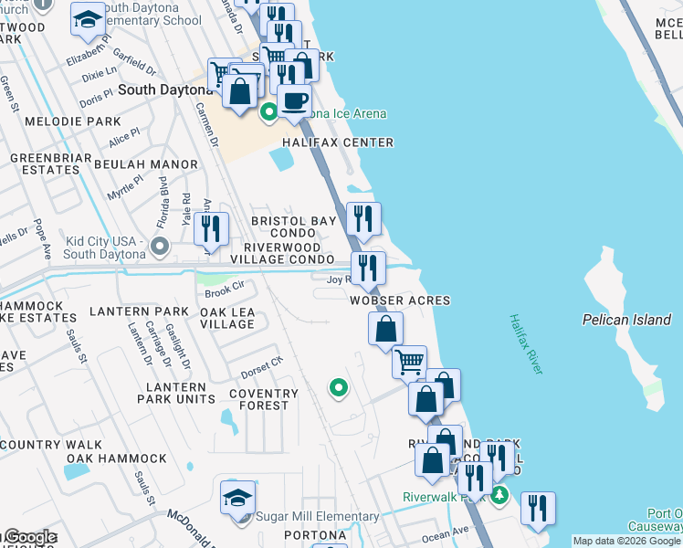 map of restaurants, bars, coffee shops, grocery stores, and more near 1960 South Ridgewood Avenue in South Daytona