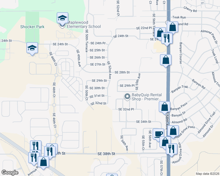 map of restaurants, bars, coffee shops, grocery stores, and more near 2931 Southeast 52nd Avenue in Ocala