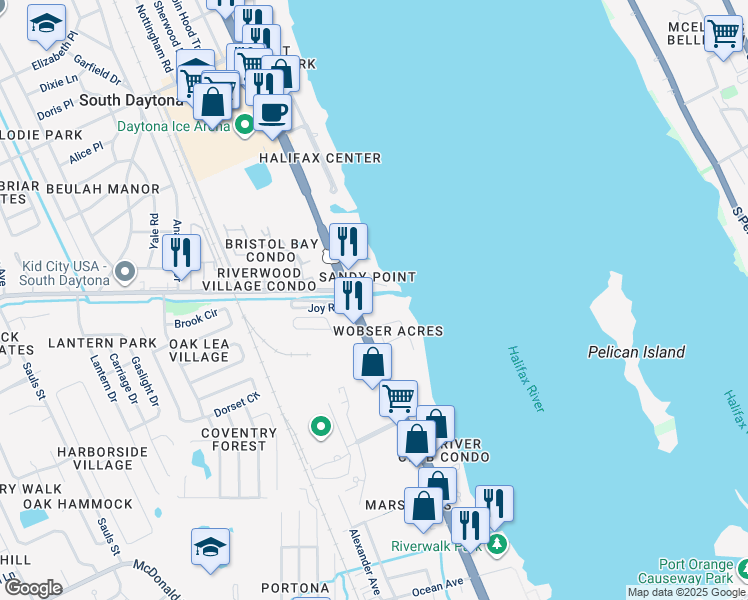 map of restaurants, bars, coffee shops, grocery stores, and more near 211 Sandy Circle in South Daytona