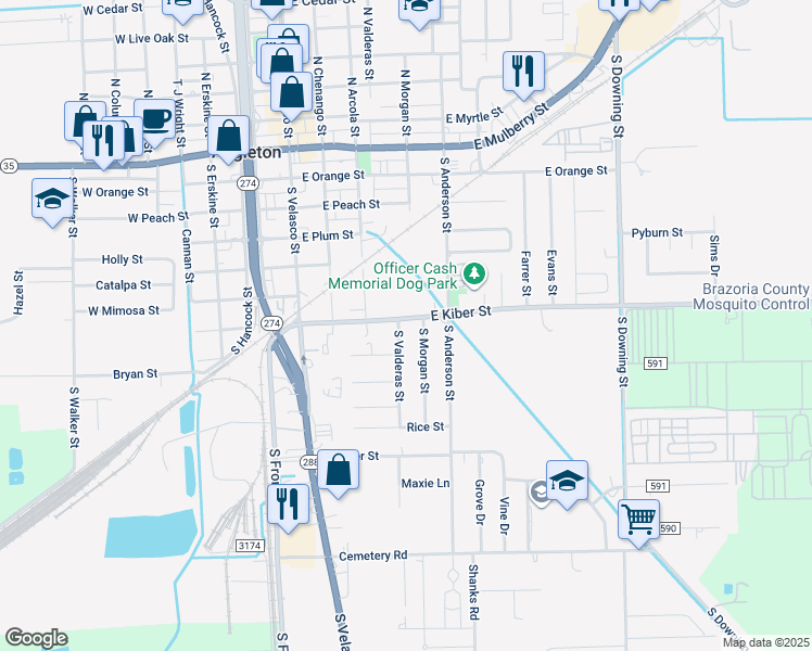 map of restaurants, bars, coffee shops, grocery stores, and more near 701 South Valderas Street in Angleton