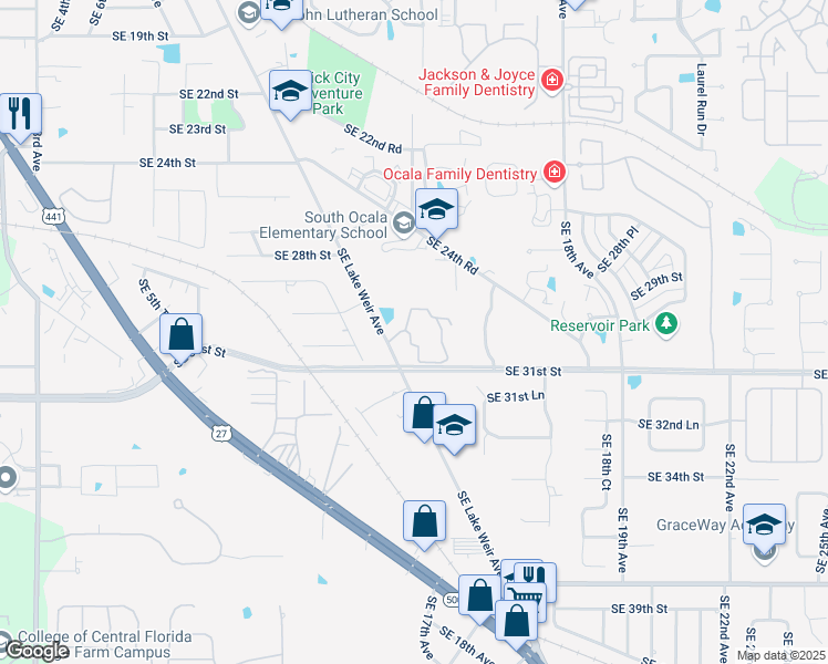 map of restaurants, bars, coffee shops, grocery stores, and more near 3001 Southeast Lake Weir Avenue in Ocala