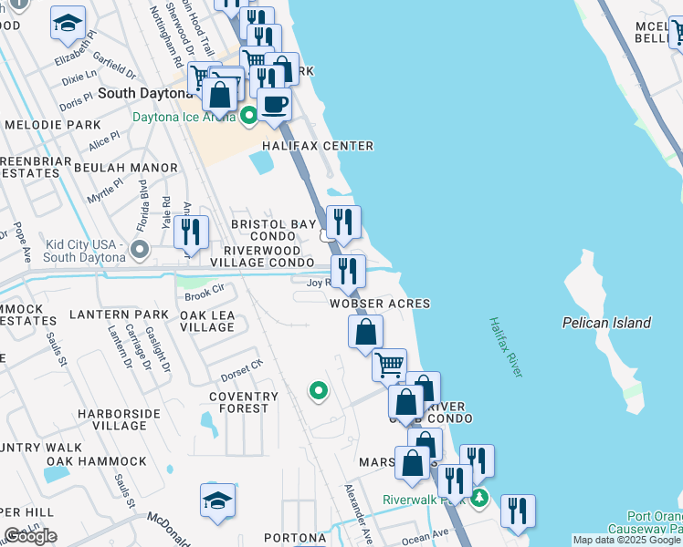 map of restaurants, bars, coffee shops, grocery stores, and more near 1960 South Ridgewood Avenue in South Daytona